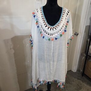 Women’s White Tassel-Trim Crochet V-Neck Tunic Swim Coverup Breezy Cotton